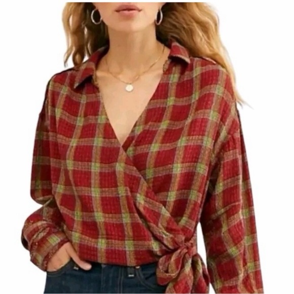 We The Free Red and Green Plaid Wrap Blouse - Picture 9 of 11